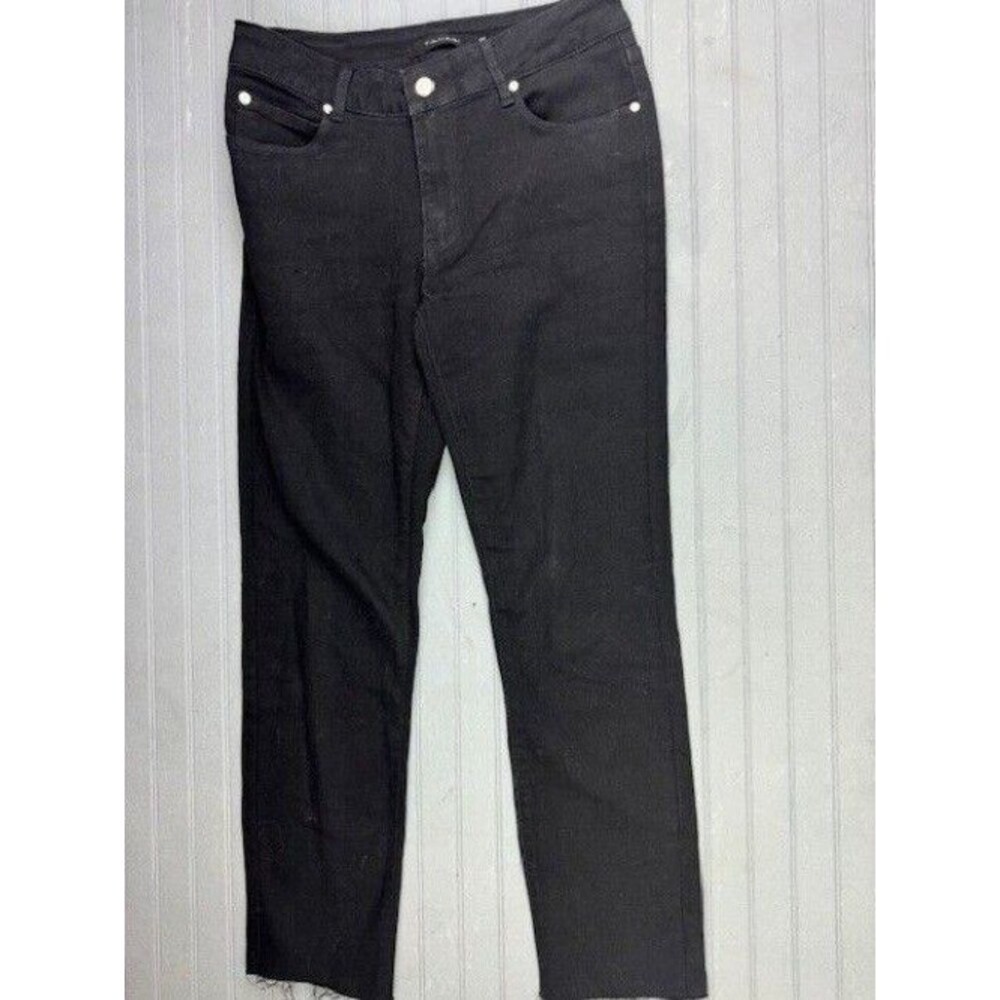 Tahari Size 6 28 Women Jeans Olivia Mid Rise Slim Straight Black Raw Hem Stretch